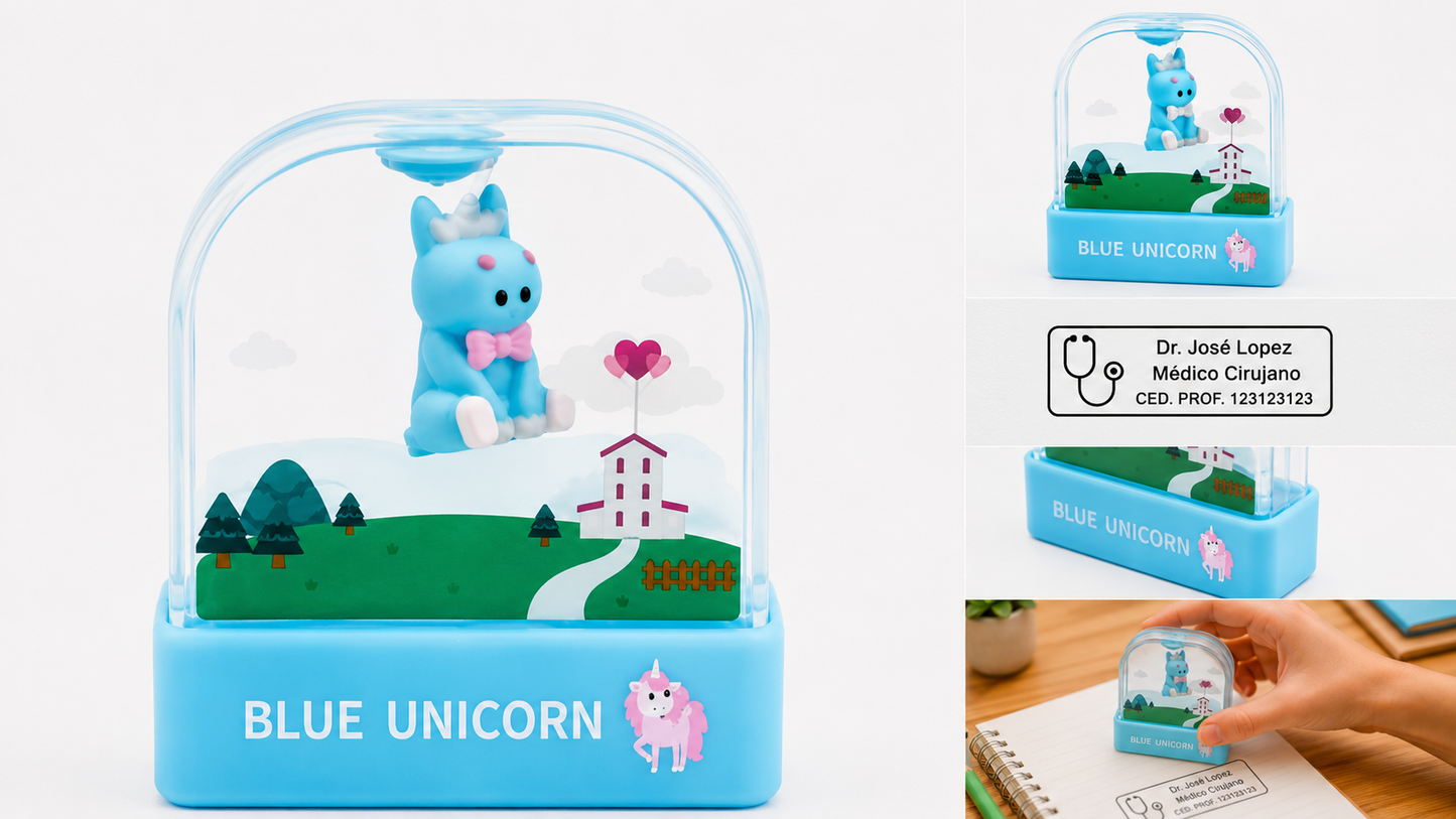 Sello Personalizado Autoentintable Blue Unicorn para Médico, Maestro y Oficina