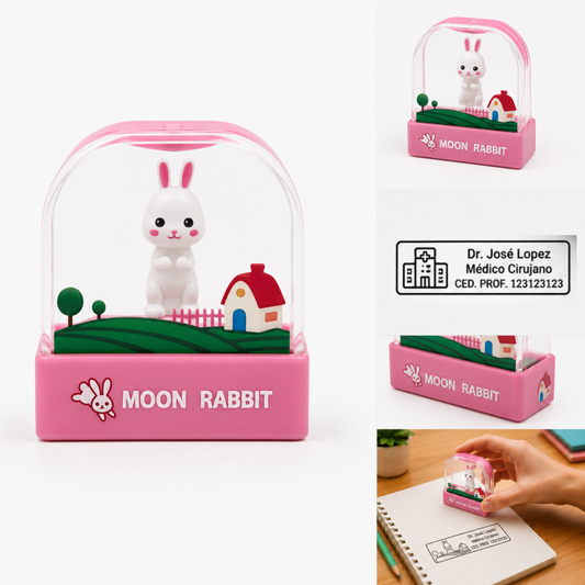 Sello Personalizado Autoentintable Moon Rabbit para Médico, Maestro y Oficina